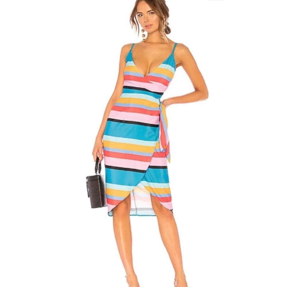 Lovers + Friends Orchid Midi Wrap Dress Women's XS Blue Striped Polyester NWT